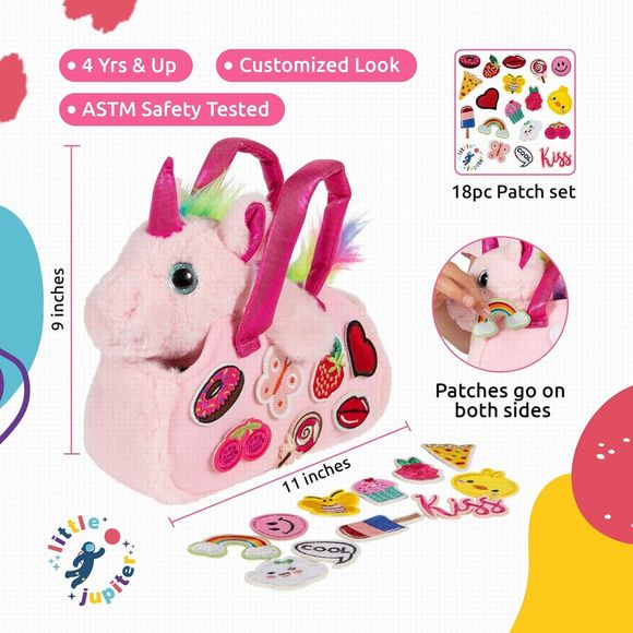 Unicorn Plush Bag Purse Set 18pc Removable Patch Set Pink & Rainbow Details 4-7 - Picture 2 of 7